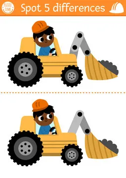 Find differences game for children. Construction site educational activity with boy driver in excavator. Cute puzzle for kids with funny worker. Printable worksheet or page with industrial vehicle.