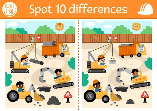 Find differences game for children. Educational activity with workers on vehicles repairing road. Cute puzzle for kids with funny builders. Printable worksheet or page with construction site scene.