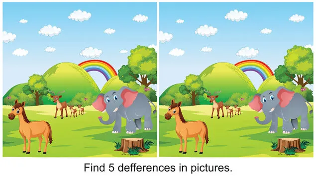 After the rain, the animals were walking. find 5 differences in the picture.