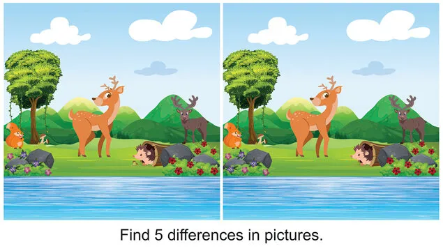 Today the weather is good, little deer came out for a walk. find 5 differences in the picture.