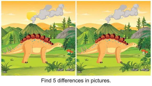 dinosaur eating food find 5 differences in the picture.