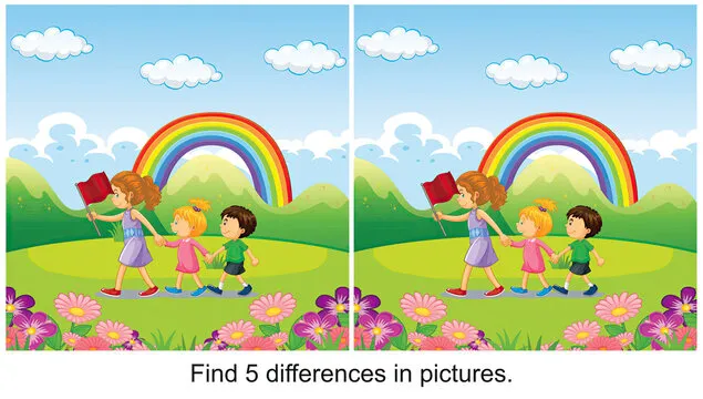 The older sister took the younger brother for a walk among the rainbow. find 5 differences in the picture.