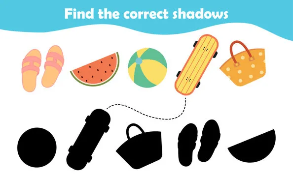 Find the correct shadow, game for children. Summer. Set of elements: flip flops,ball, watermelon, skateboard, beach bag. Puzzle for kids