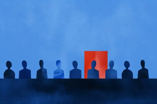 Silhouettes of people in a row with a standout red figure in the center against a blue background, symbolizing uniqueness and individuality.