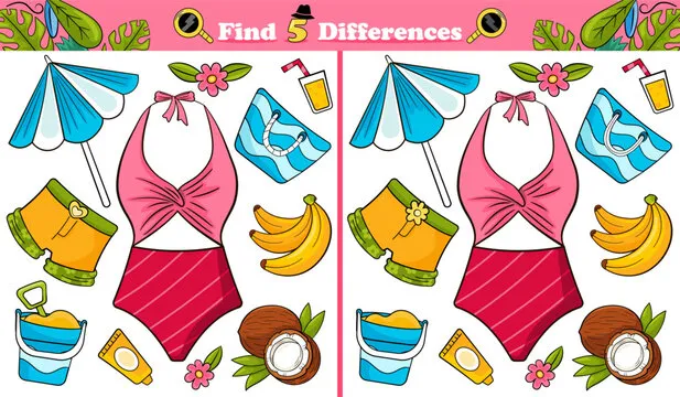 Find 5 differences game with pink beach swimwear