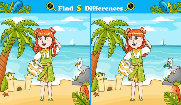 Colorful find 5 differences with cute girl on summer vacation on the beach,