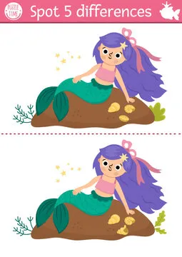 Find differences game for children. Mermaid educational activity with sea princess on the shore with seashells. Cute puzzle for kids with girl tail. Printable worksheet, page for logic, attention
