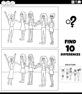 differences activity with cartoon young women coloring page