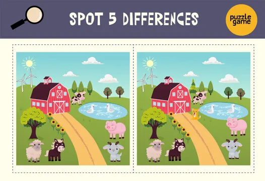 Find spot 5 differences. Educational matching game for children. Cartoon vector illustration.