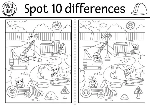Find differences black and white game for children. Educational activity with workers repairing road. Puzzle for kids with builders. Printable worksheet, coloring page with construction site scene