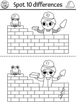 Find differences black and white game. Construction site educational activity with boy building brick wall. Cute puzzle for kids with funny worker. Printable worksheet, coloring page