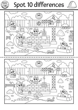 Find differences black and white game for children. Educational activity with workers. Puzzle for kids with builders. Printable worksheet, coloring page with construction site scene