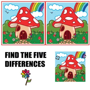 Find differences, education game for children. Mushroom house concept. Imagination and fantasy, fairy tale. Flora and fauna, nature. Cartoon flat vector illustration. Children's illustration.