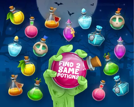 Find two same Halloween magic witch potion bottles. Difference spotting children playing activity, objects compare kids puzzle vector worksheet with zombie hand holding magic potion flask or bottle