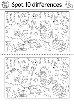 Find differences game. Mermaid black and white educational activity with sea princess, merman, treasure chest. Puzzle for kids. Printable line worksheet or coloring page for attention skills