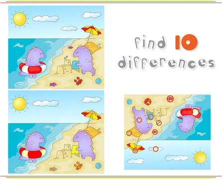 Purple dragons playing on the summer beach. Educational game for