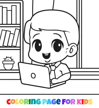 Student are studying using laptops outline coloring page illustration