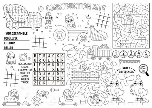 Vector construction site placemat for kids. Building works printable activity mat with maze, tic tac toe charts, connect dots, find difference. Repair service black and white play mat, coloring page