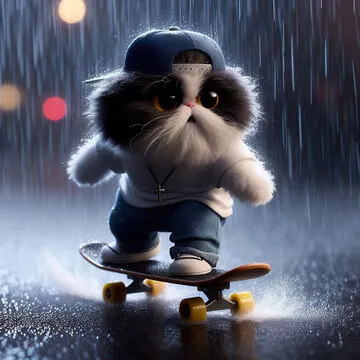 Concept of individuality. 3D illustration of a white and black Persian cat, in a human world, dressed in jeans and a t-shirt, riding a skateboard down the road, in the rain.