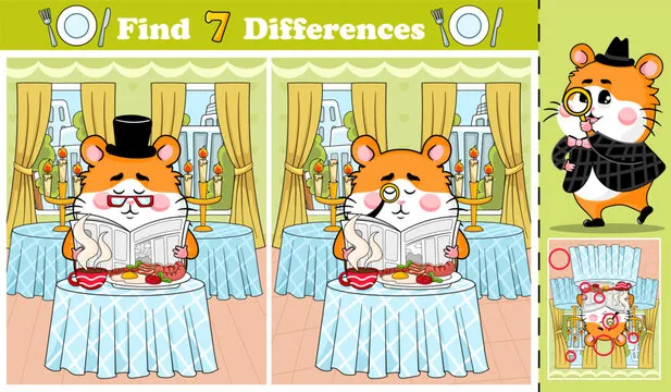 Printable spot the differences worksheet features a cute hamster character sitting in a restaurant, enjoying breakfast and reading the newspaper