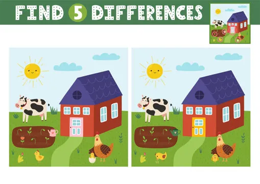 Find differences activity page for kids with cute farm animals. Puzzle game for developing attention for school and preschool. Vector illustration