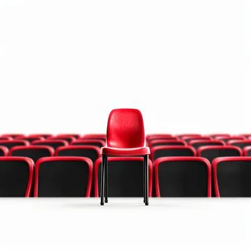 A single red chair stands out in a sea of black chairs, symbolizing uniqueness and leadership.