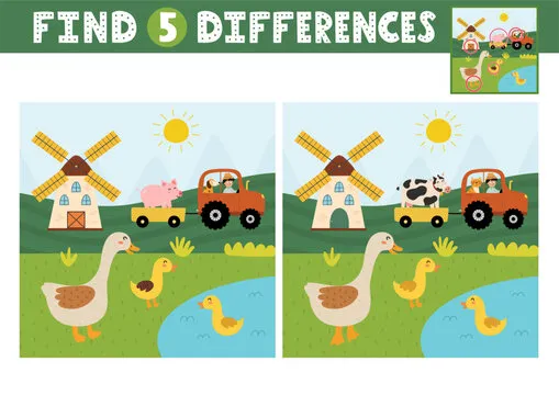 Find differences activity page for kids with cute mother goose and goslings. Puzzle game with a farm character for developing attention and concentration skills. Vector illustration