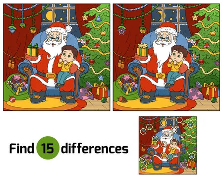 Find differences game: Santa Claus gives a gift a little boy