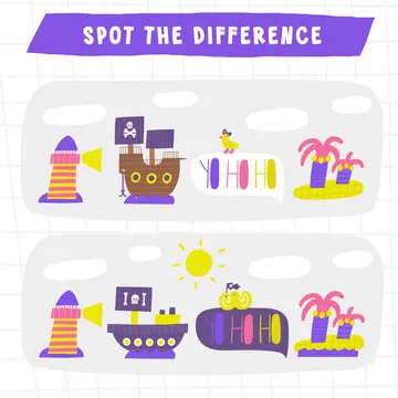 Learn pirate game for kids. Cute hand drawn doodle funny marine puzzle with bandit ship, lighthouse, yo ho ho phrase, treasure island, palms, parrot, ocean. Educational worksheet, mind task, riddle