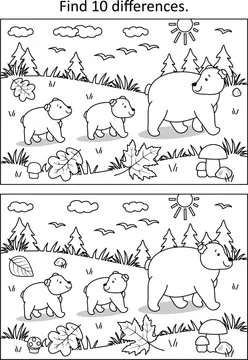 Bear mom and her two cubs are going to their den in autumn. Difference game and coloring page activity.