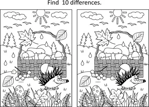 Basket with mushrooms difference game. Hedgehog, rowan, falling leaves. Autumn wonders.