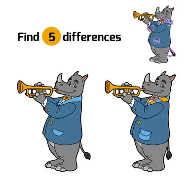 Find differences, game for children (rhino and trumpet)