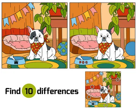 Find differences, game for children (french bulldog and backgrou