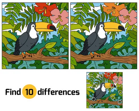 Find differences, game for children (toucan and background)