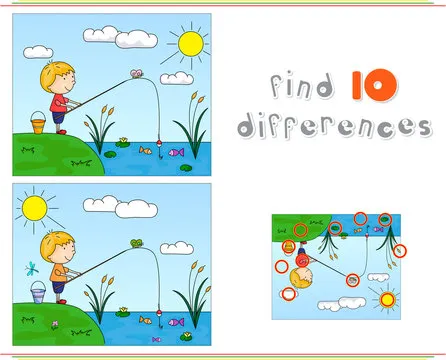 A boy fisherman fishing on the river bank. Educational game for