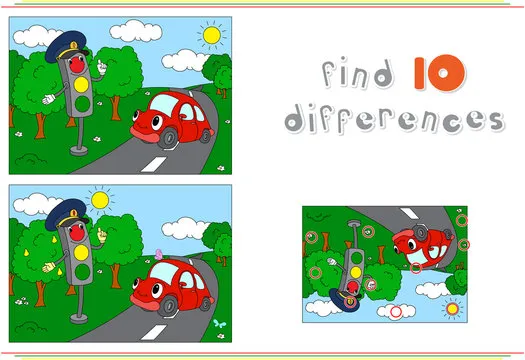 Traffic light and car on the road. Educational game for kids: fi